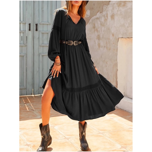 Dresses & Skirts - Boho Black Lace Long Sleeve Maxi Dress